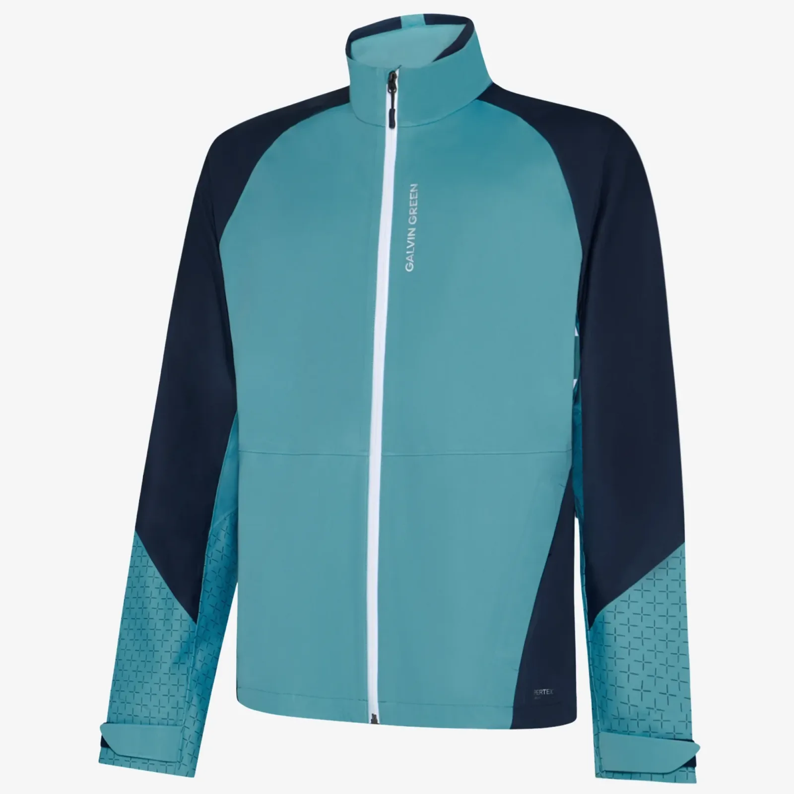 Storm blue and navy waterproof golf jacket with patterned lower sleeves