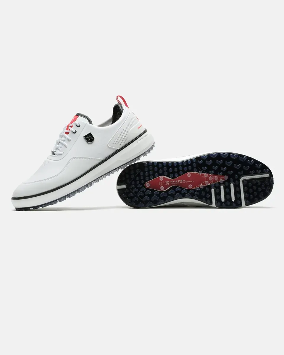 Reaper SL spikeless golf shoe in white with red heel tab and outsole