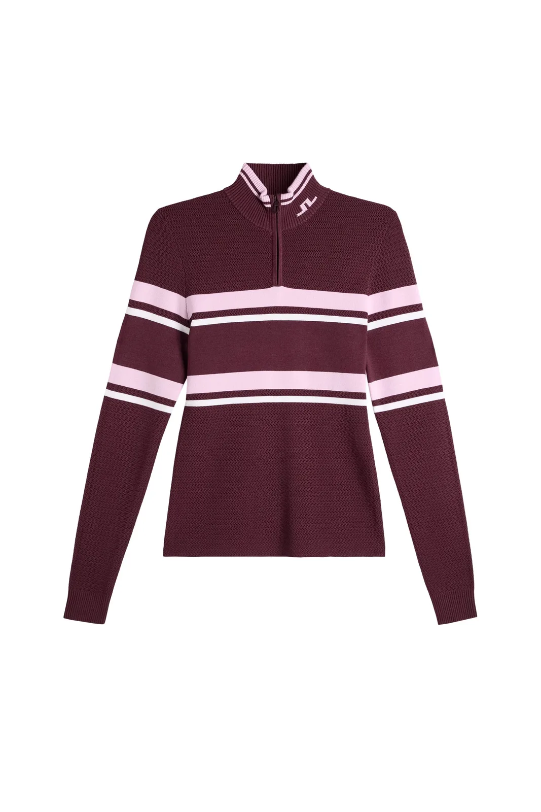 Burgundy knit quarter-zip with pink and white stripes