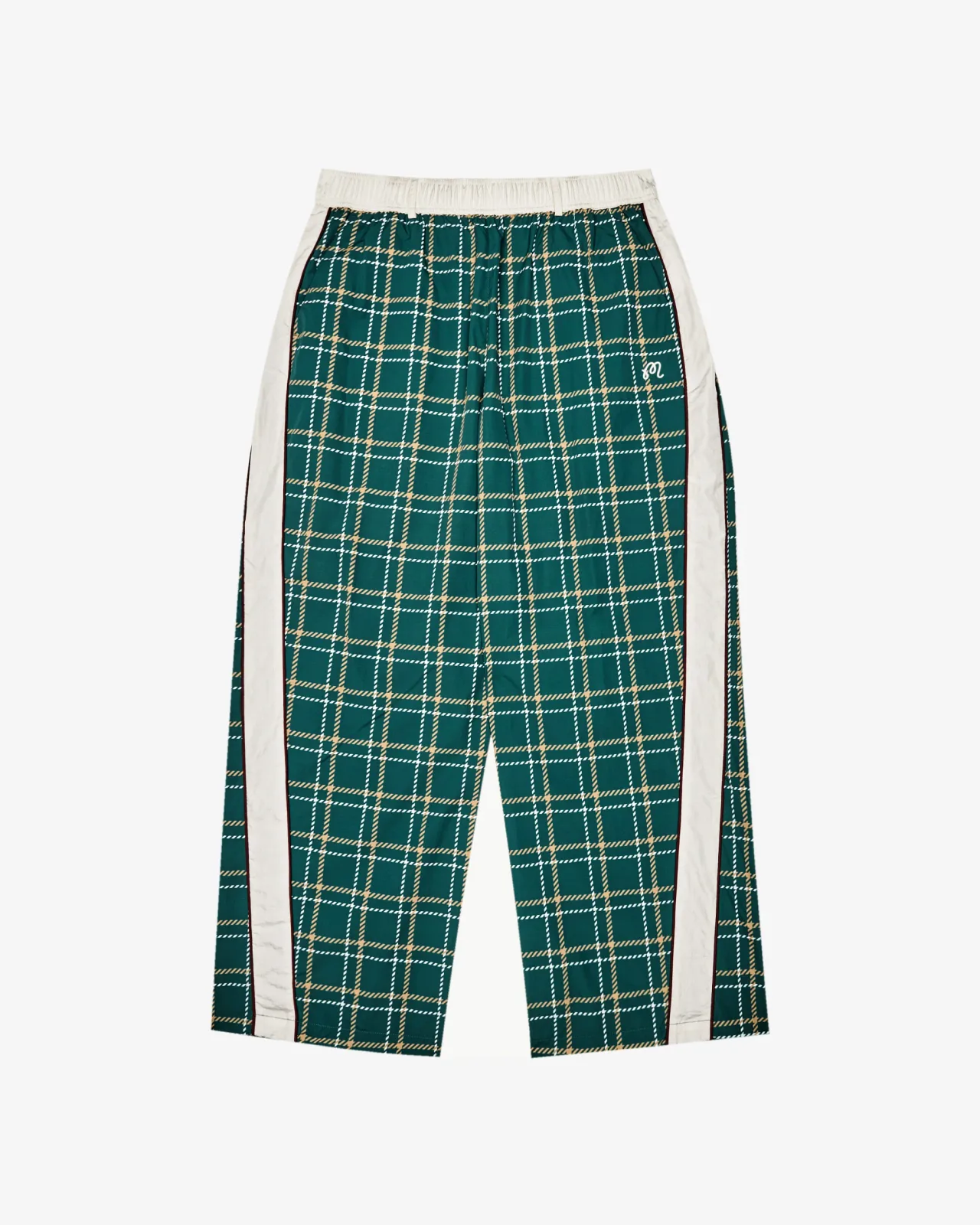 Green plaid nylon track pant with cream side stripes