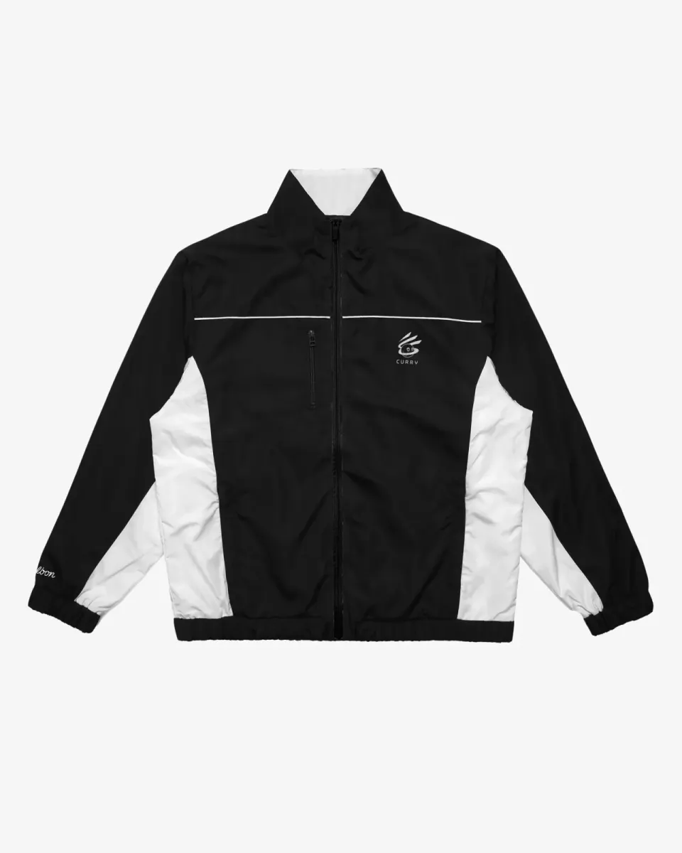 Black cotton track jacket with white side panels and Curry logo