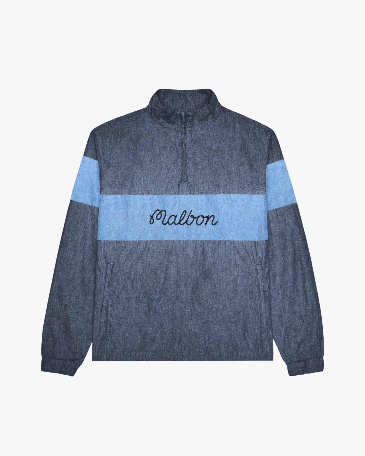 Navy denim quarter-zip pullover with a light blue chest band and Malbon script
