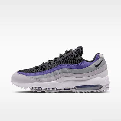 Side view of the Air Max 95 G in grey, black and purple