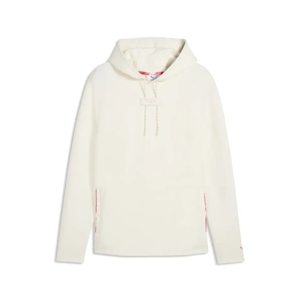 Off-white golf hoodie with pink drawcord tips