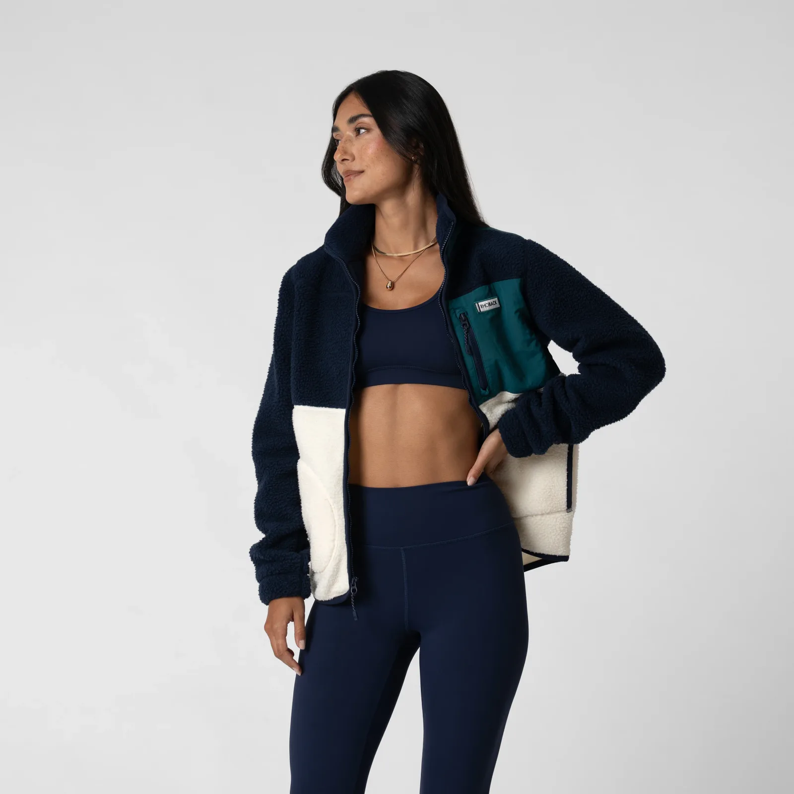 Rhoback women's Summit Crest full-zip jacket, colorblock Fleet Navy/Ivory/Midnight Green