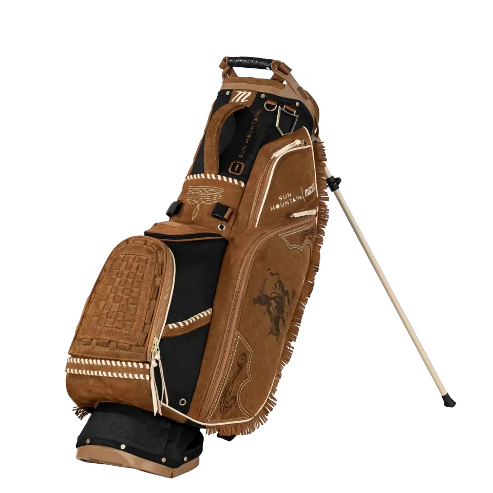 Sun Mountain x Marucci Western stand bag in brown suede with black trim and fringe