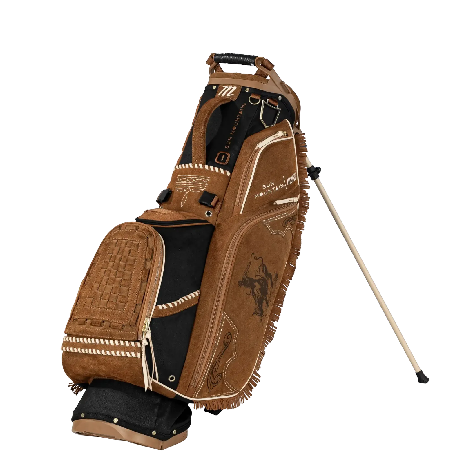 Sun Mountain x Marucci Western stand bag in brown suede with black trim and fringe