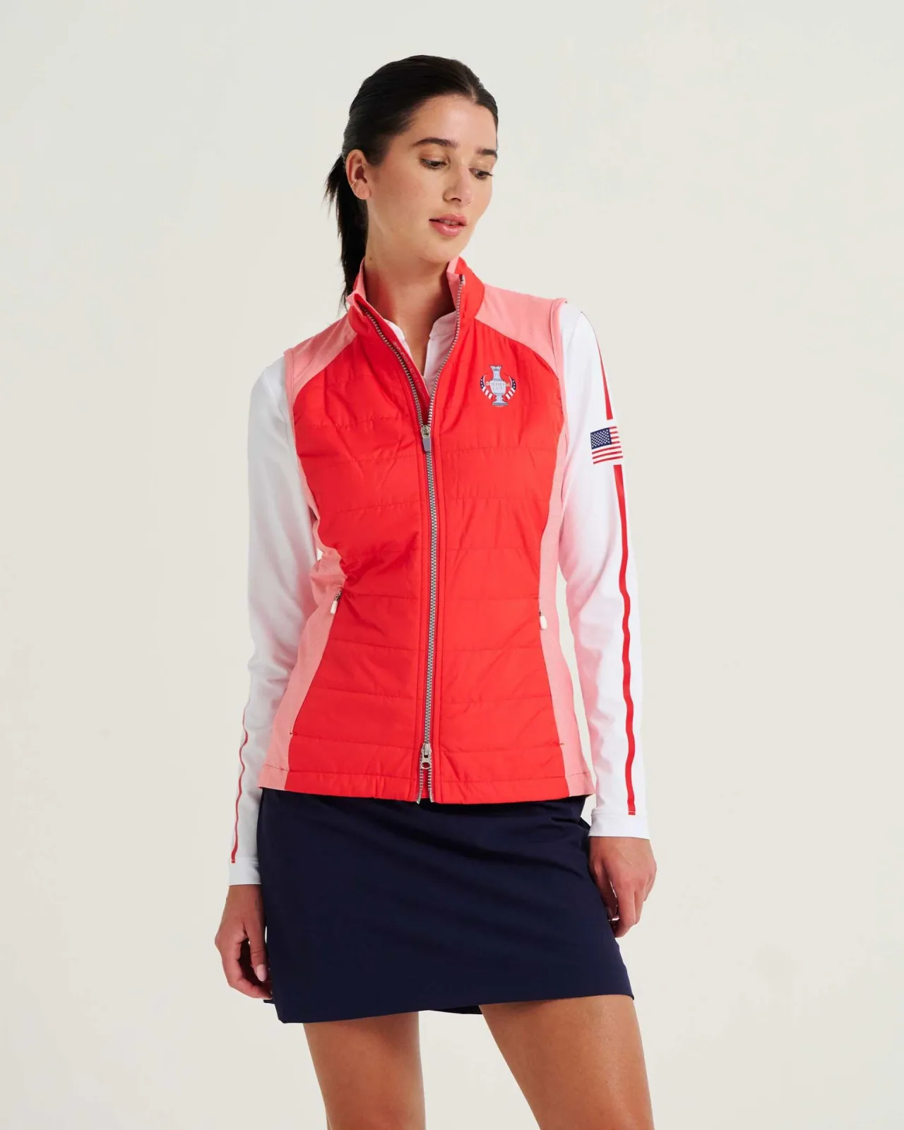 Tess vest in red and white with the Solheim Cup crest